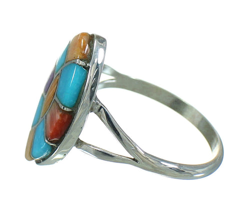 Southwest Multicolor Inlay Genuine Sterling Silver Ring Size 7-1/4 QX71026